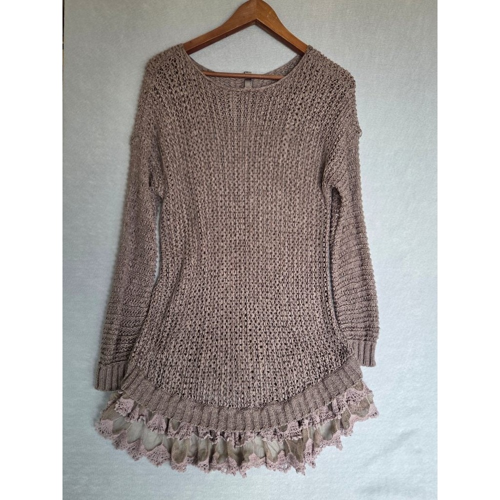 Entro Fairy Grunge Crochet Sweater M Lace Ruffle Hem Boho Festival Taupe - Picture 5 of 10